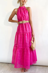 Elena Tulle Square Patterned Fabric Belted Halter Maxi Dress