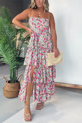 Floral Print Sexy Halter Backless Waistband Slit Maxi Dress