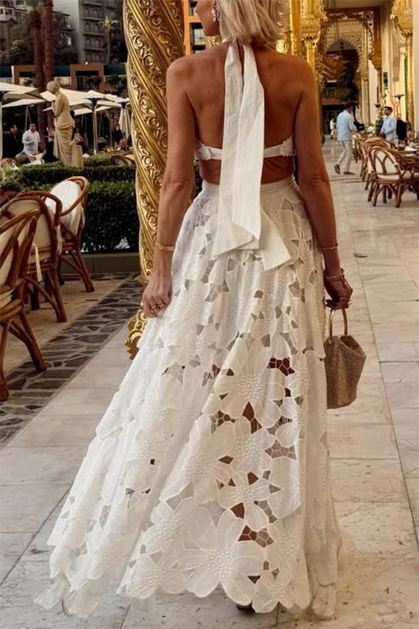 Sevilla Sun Embroidery Crochet Flowers Cutout Waist Halter Backless Maxi Dress