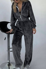 Solid Color Velvet Long-sleeved Zip-up Sweatshirt and Elastic Waist Casual Pocket Straight-leg Pants Set