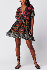 Bohemian Printed Casual Short Sleeve Ruffled Mini Dress