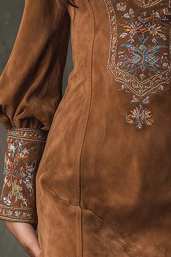 Fashionable Suede Embroidered V-neck Long-sleeved Slim-fit Mini Dress