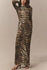 Winston Animal Print High-neck Long Sleeve Ruched Hip Stretch Maxi Dress