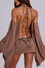 Alula Chain Sequin Embroidered Butterfly Kimono Slit Sleeve Backless Mini Dress
