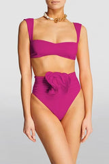 Solid Color Square Neck High Waist 3D Floral Stretch Bikini Swimsuit