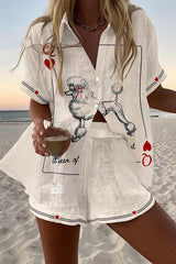 Poodle Print Loose Button Elastic Waist Shorts Set