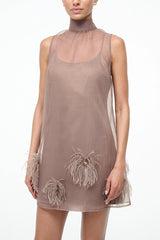 Playful Charm Sheer Chiffon Embellished Feather Back Bow H-line Mini Dress
