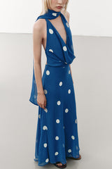 Fashion Polka Dot Print Sexy Halter Neck Backless Maxi Dress