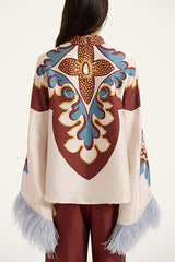 Bohemian Dreams Unique Print High Neck Feather Trim Bell Sleeve Top