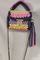 Contrast Color Stitching Braided Chain Tassel Bag