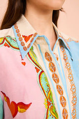 Linen Blend Unique Printed Short Sleeved Pocket Tie Waist Mini Dress(One Size UP)