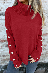 Solid Color Casual Turtleneck Button Decoration Long Sleeve Loose Knit Sweater