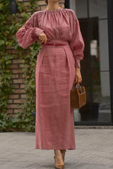 Solid Color Round Neck Long-sleeved Pleated Shirt and Elegant Maxi Skirt Set