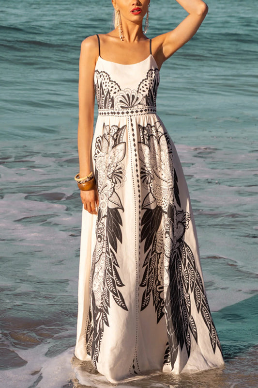 Unique Print Spaghetti Strap Gathered Holiday Maxi Dress