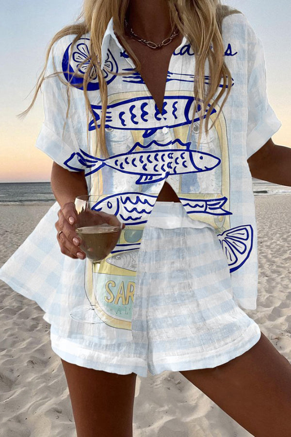 Line Sardine Print Loose Button Elastic Waist Shorts Set
