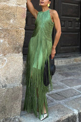 Fashion Sleeveless Halter Neck Elegant Tassel Slim Maxi Dress