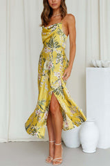 Everything You Need Satin Floral Cowl Neck Slit Midi Dress