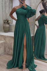 Pretty First Solid Color Floral Pleated One Shoulder Sleeve Slit Maxi Dress