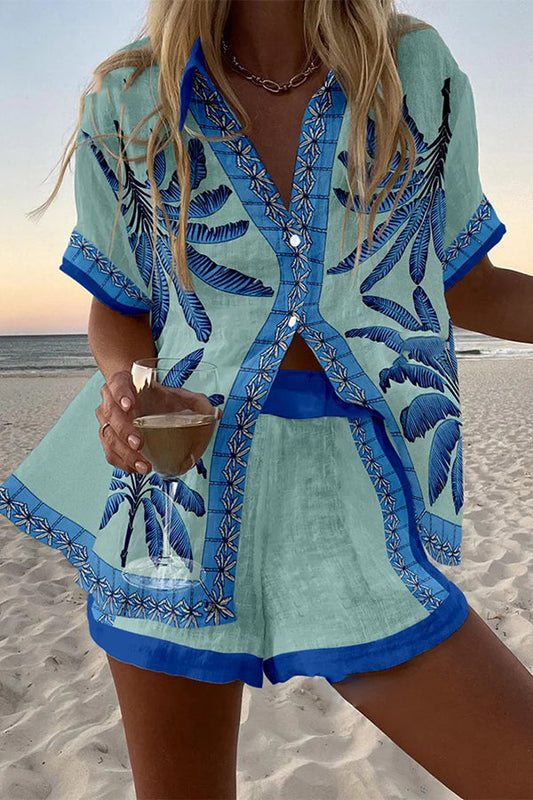 Blue Coconut Tree Print Loose Button Elastic Waist Shorts Set