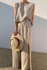 Linen Blend Casual Round Neck Sleeveless Top and Loose Wide-leg Pants Set