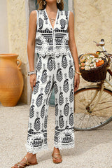 Bohemian Style Unique Print V-neck Sleeveless Top and Elastic Waist Casual Pocket Wide-leg Pants Set