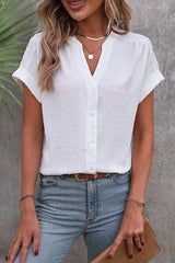 Solid Color Jacquard V-Neck Button Casual Shirt