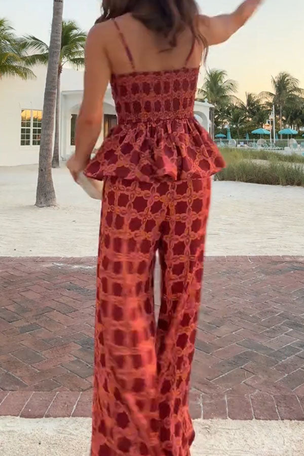 Chainlink Printed Bubble Back Pleated Slip Top and Elastic Waist Pocket Loose Pants Set