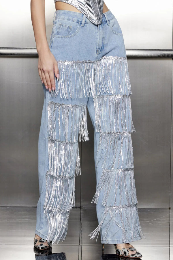 Stylish High-waisted Pocket Tassel Casual Straight Leg Jeans