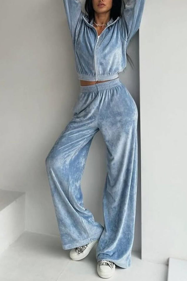 Solid Color Velvet Long-sleeved Zip-up Sweatshirt and Elastic Waist Casual Pocket Straight-leg Pants Set