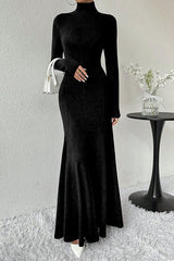 Solid Color High-neck Long-sleeved Slim-fit Fishtail Elegant Maxi Dress