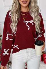Christmas Bow Round Neck Long Sleeve Loose Knitted Sweater