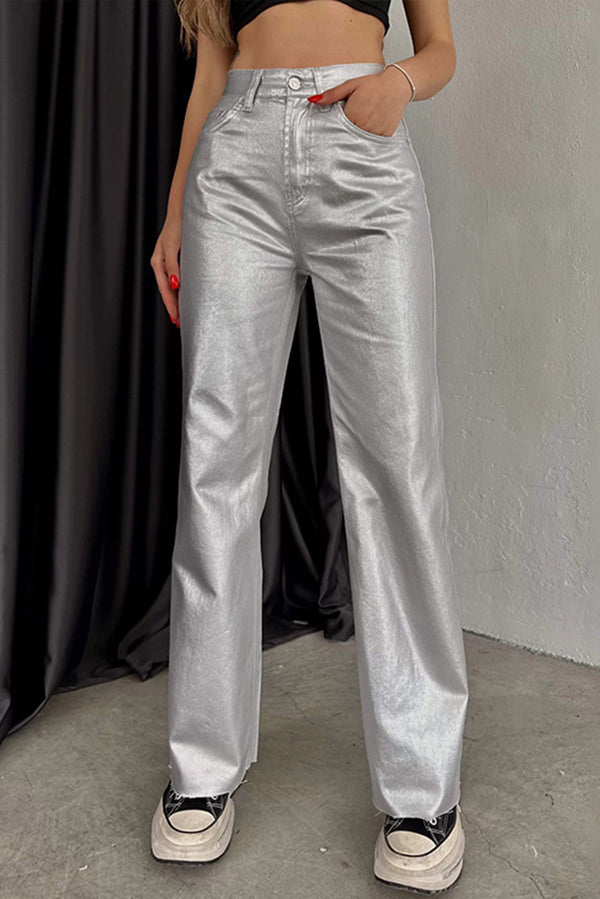 Stylish Metallic Fabric Pocket Casual Straight Wide-Leg Pants