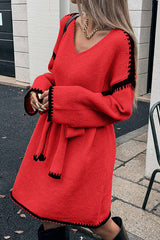 Stylish Loose-fitting Long-sleeved Tie-waist Knit Mini Dress