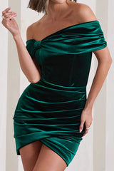 Paris Streets Velvet Off Shoulder Bow Bardot Wrap Mini Dress