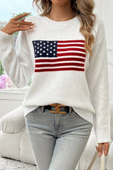 Flag Pattern Knitted Casual Crewneck Long Sleeve Sweater
