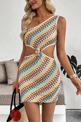 Colorful Zigzag Pattern Sexy One Shoulder Bare Waist Holiday Mini Dress