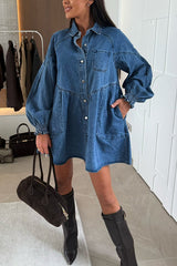 Fashion Heart Button Long Sleeve Casual Pocket Denim Mini Dress