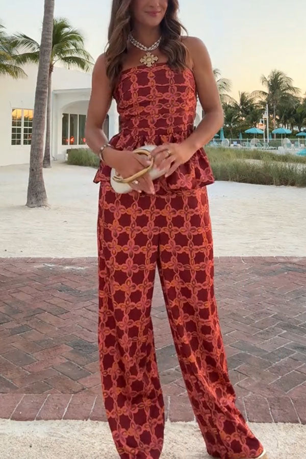 Chainlink Printed Bubble Back Pleated Slip Top and Elastic Waist Pocket Loose Pants Set