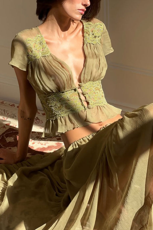 Sabrina Chiffon Lace Trim Button Up Short Sleeve Ruffle Plung Blouse