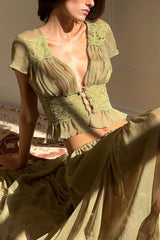 Sabrina Chiffon Lace Trim Button Up Short Sleeve Ruffle Plung Blouse