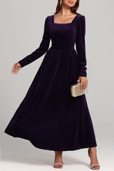 Solid Color Velvet Square Neck Long Sleeve Elegant Maxi Dress