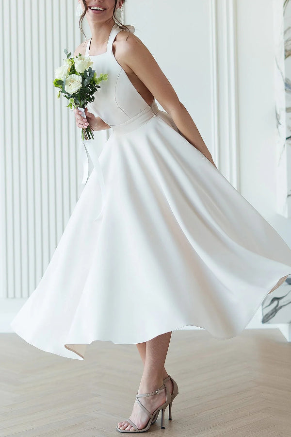 Solid Color Halter Neck Bow Tie Elegant Waist-cinching Midi Dress