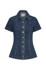 Modern Flavor Denim Short Sleeve Button Up Princess Seams Stretch Top