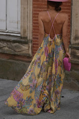 Plant Print Halter Back Loose Holiday Maxi Dress