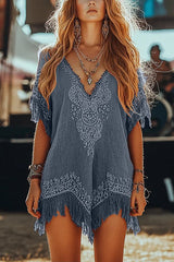 Unique Printed V-Neck Short Sleeve Fringe Loose Mini Dress