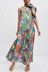 Rainbow Breeze Satin Unique Print Bow One Shoulder Loose Maxi Dress