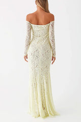 Sexy Off Shoulder Long-sleeved Lace Slim Fishtail Maxi Dress