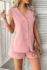 Solid Color Holiday Style V-neck Button Vest and Elastic Waist Casual Pocket Shorts Set