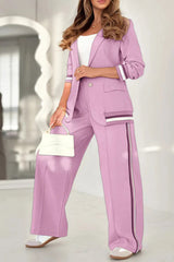 Solid Color Lapel Long Sleeve Loose Blazer and Elastic Waist Casual Pocket Wide Leg Pants Set