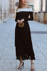 Elegant Tassel Hem Elastic Waist Casual Maxi Skirt